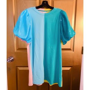 Queen of Sparkles LARGE sequin puff sleeve/ color block dress